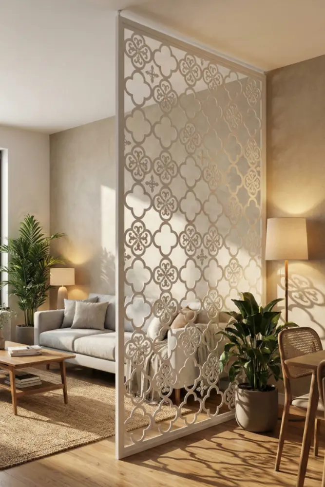 White CNC cut plywood partition in modern living room — Eish CNC Designs Indore